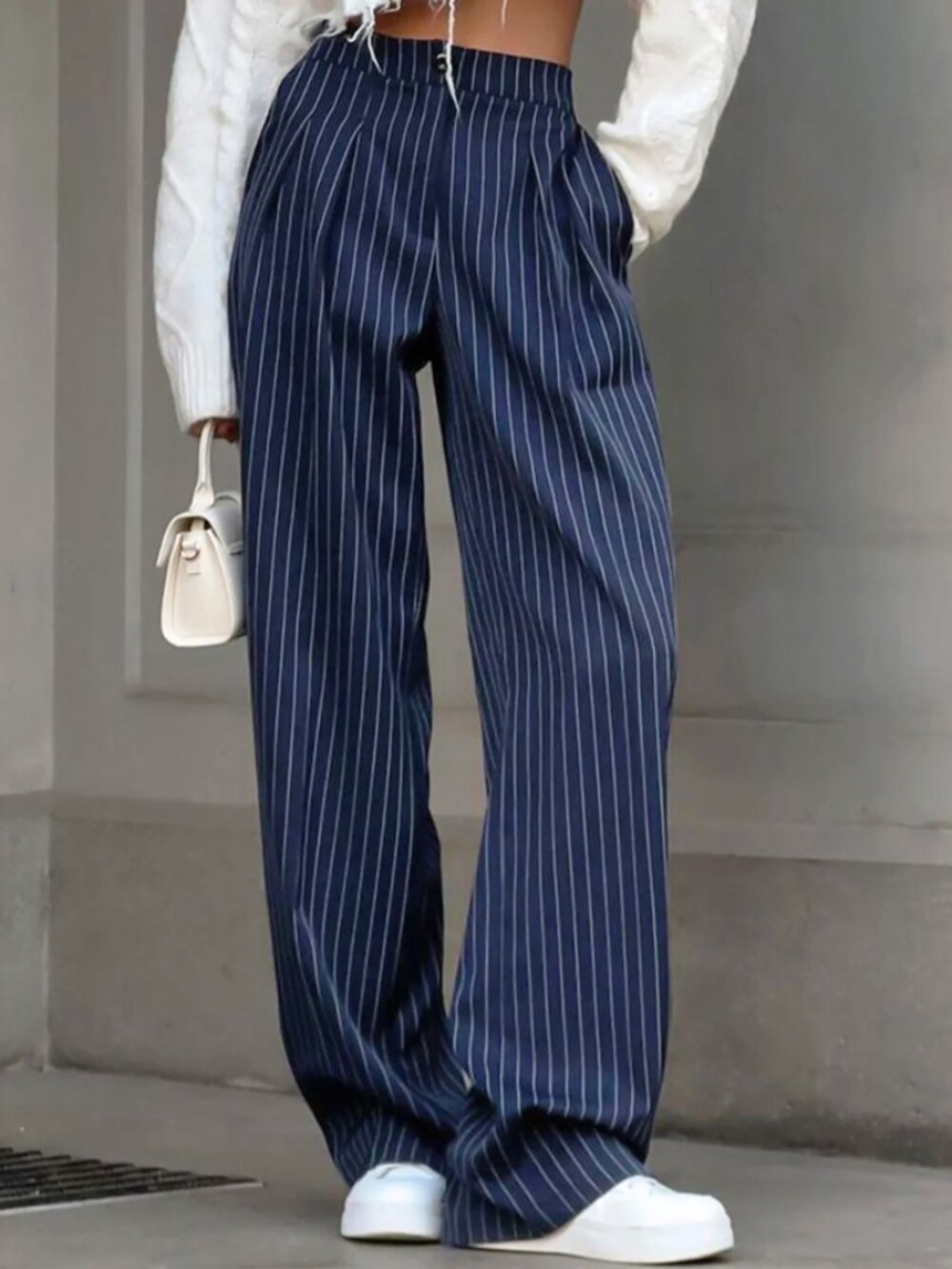 Commense Navy White Pinstripe Wide Leg Pants Size S